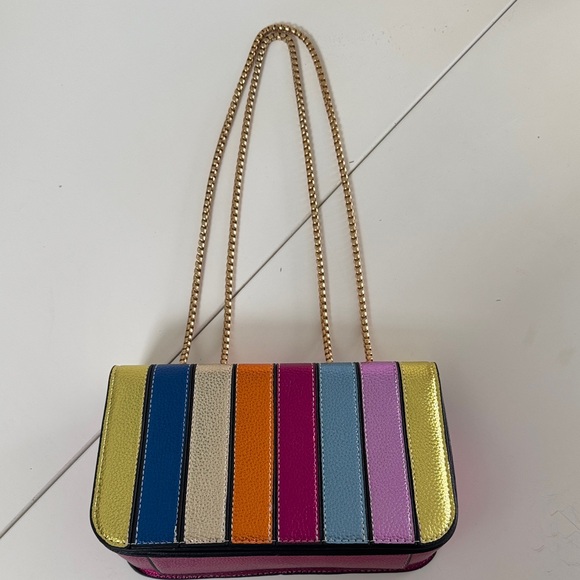 Vibrant Color Contrast Striped Shoulder Bag with Gold Chain, New - Picture 3 of 12
